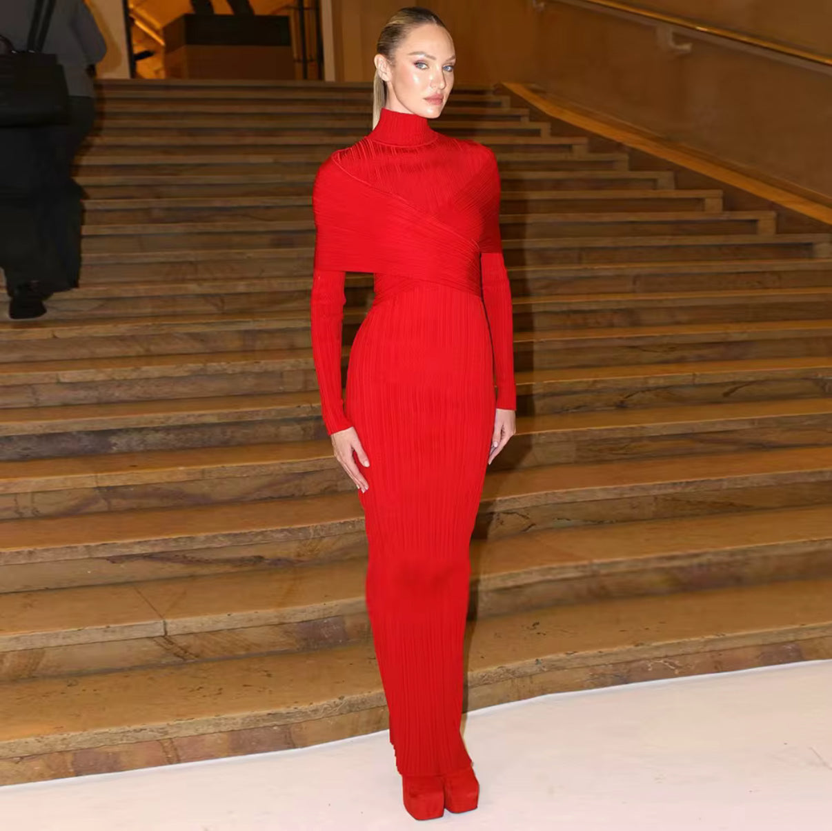 bold red knit dress with cross-over wrap detail