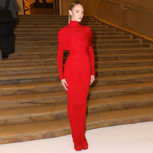 bold red knit dress with cross-over wrap detail