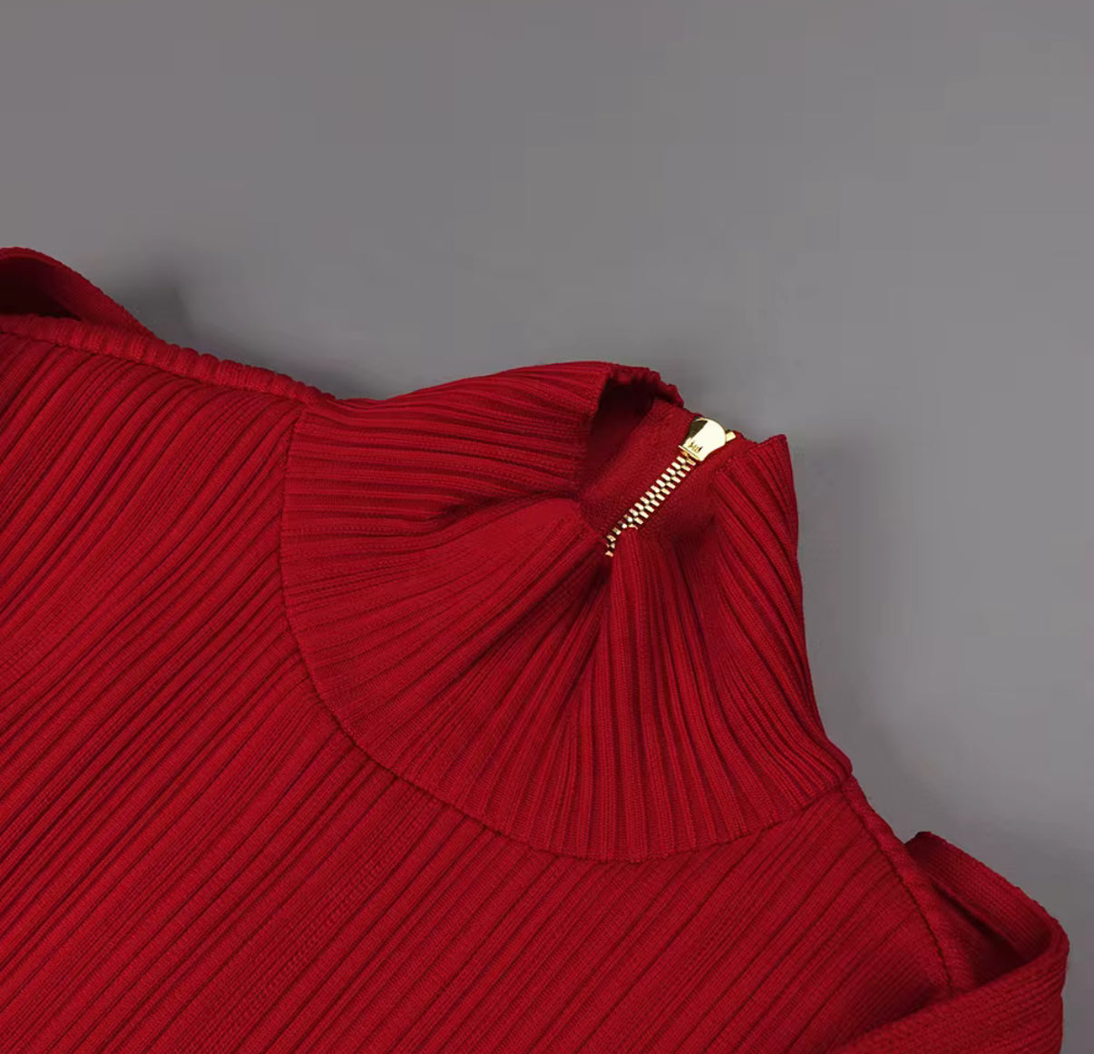 bold red knit dress with cross-over wrap detail