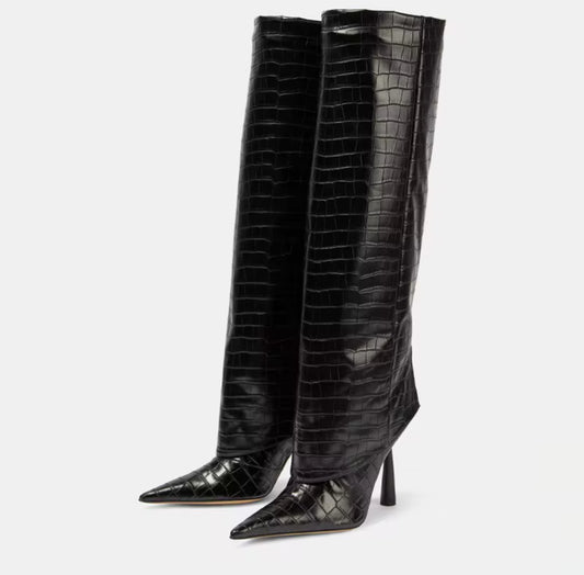 brown crocodile-effect high heel boots