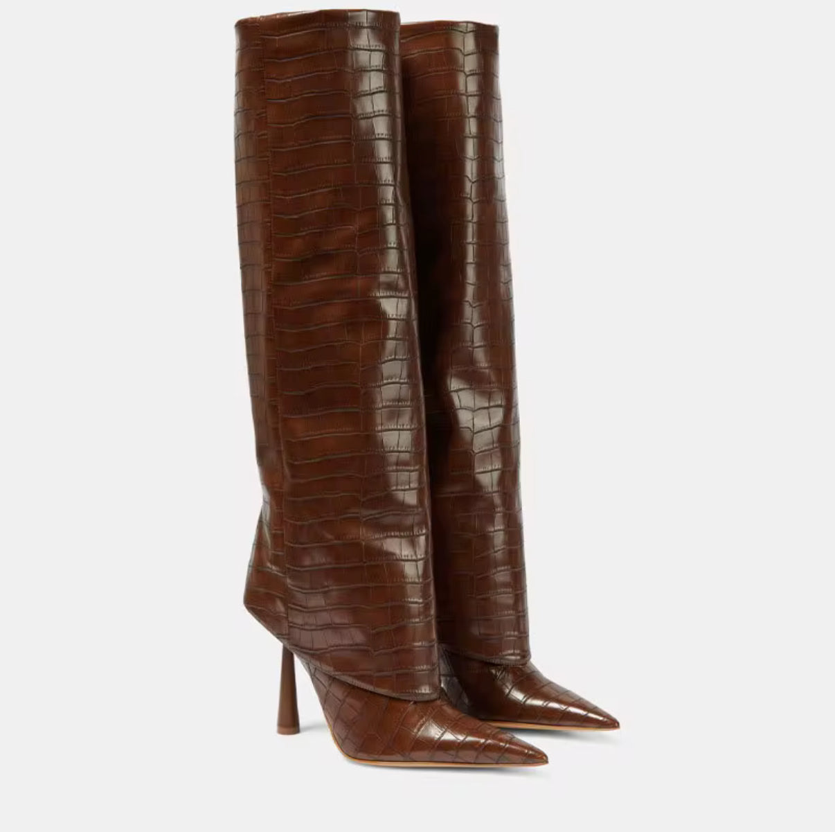 brown crocodile-effect high heel boots