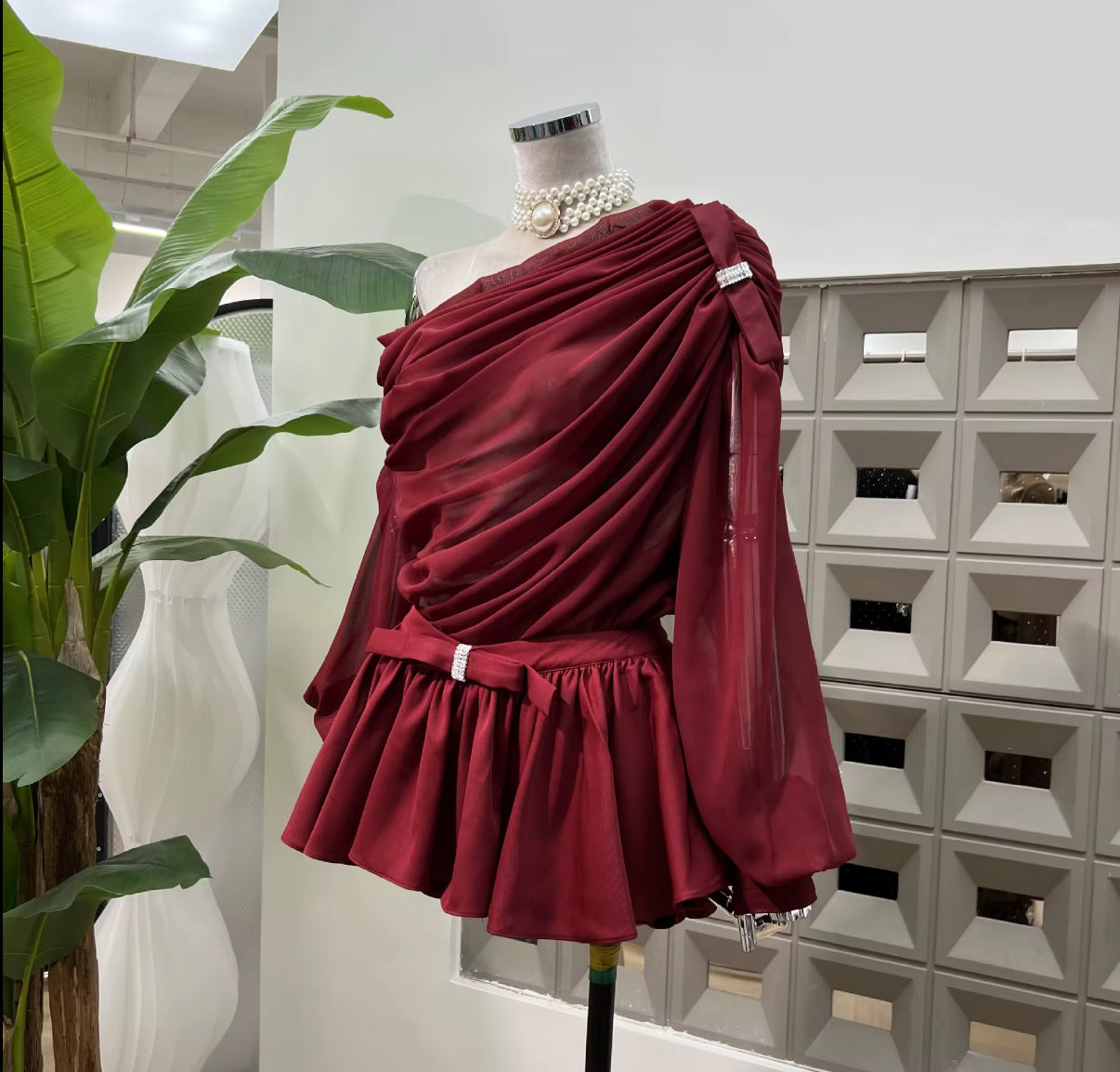 Burgundy Draped Chiffon Set