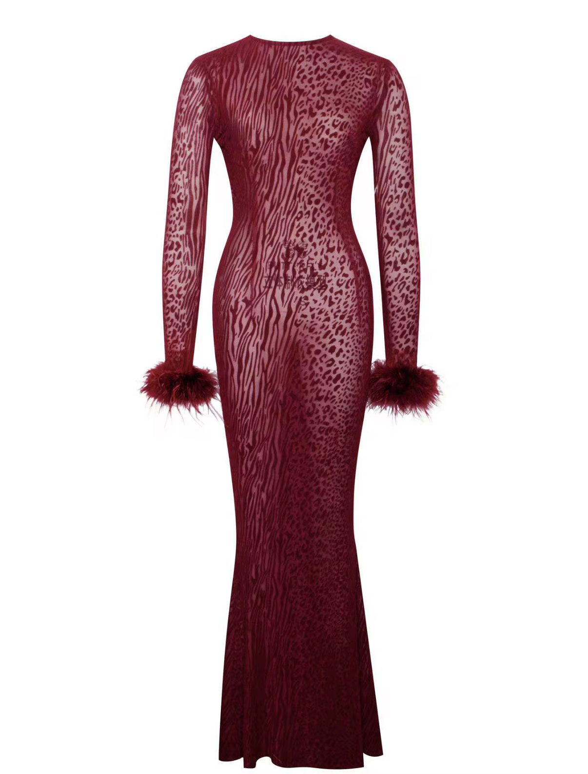 burgundy long-sleeve dress with feather cuffs & open back