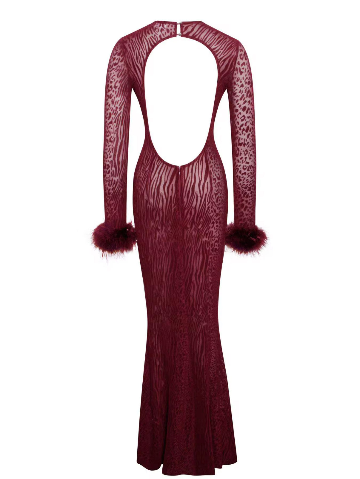 burgundy long-sleeve dress with feather cuffs & open back