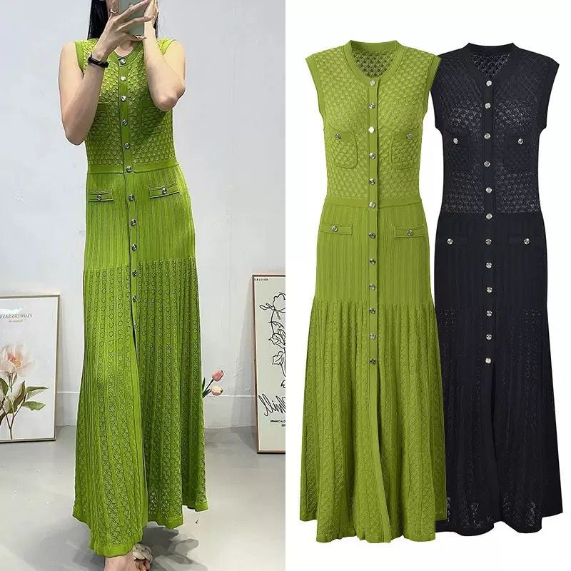 Button-Down Long Dress with Sheer Lace Accents and Pocket Design