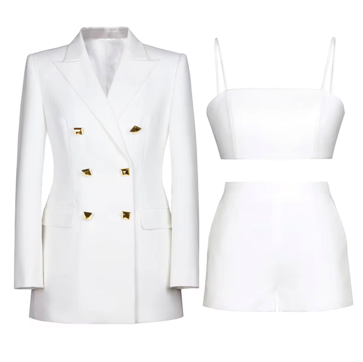 Bold Hot Blazer with Gold Buttons, Matching Crop Top & Shorts