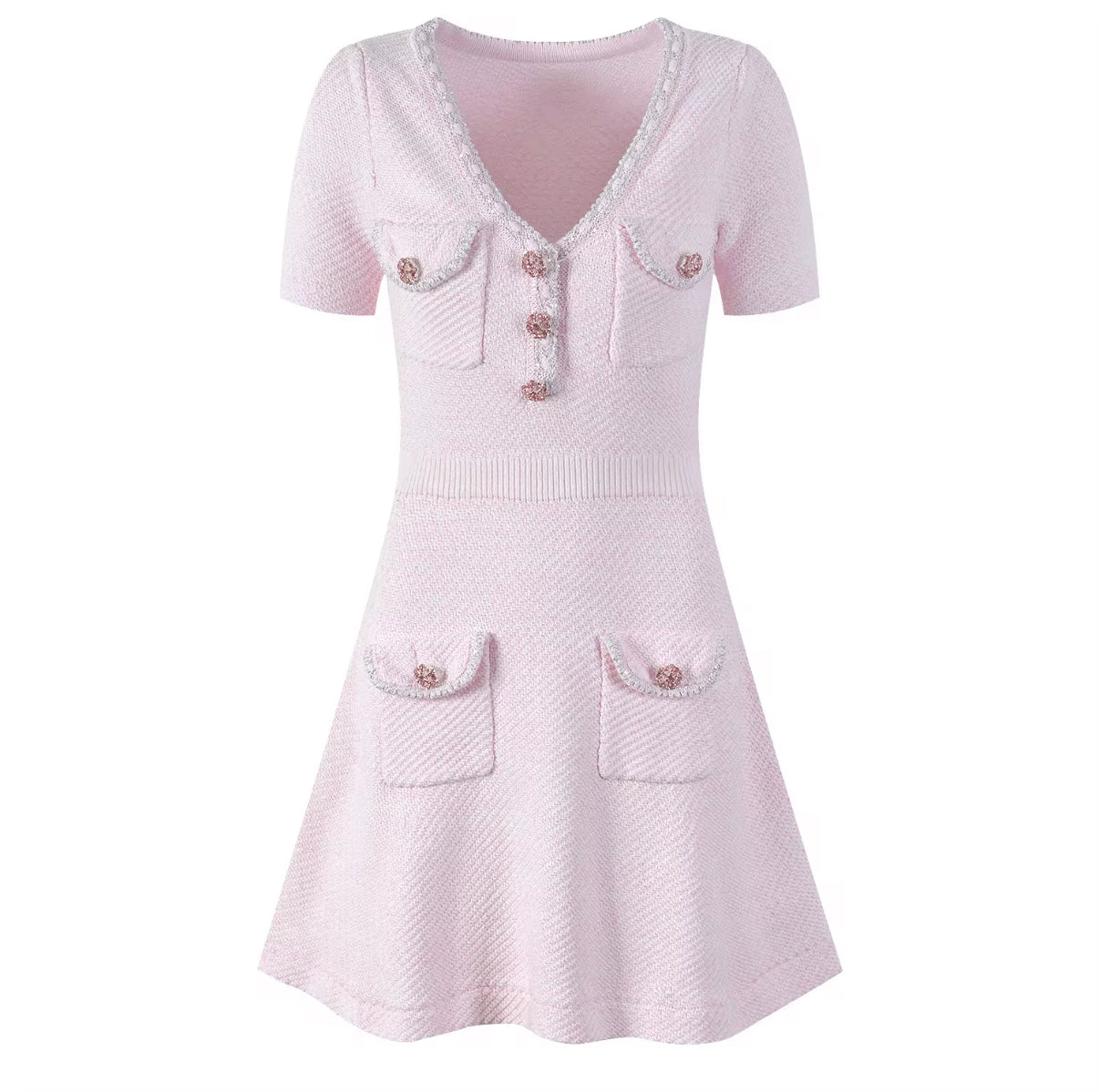 Neck Knit Mini Dress with Decorative Buttons and Short Sleeves