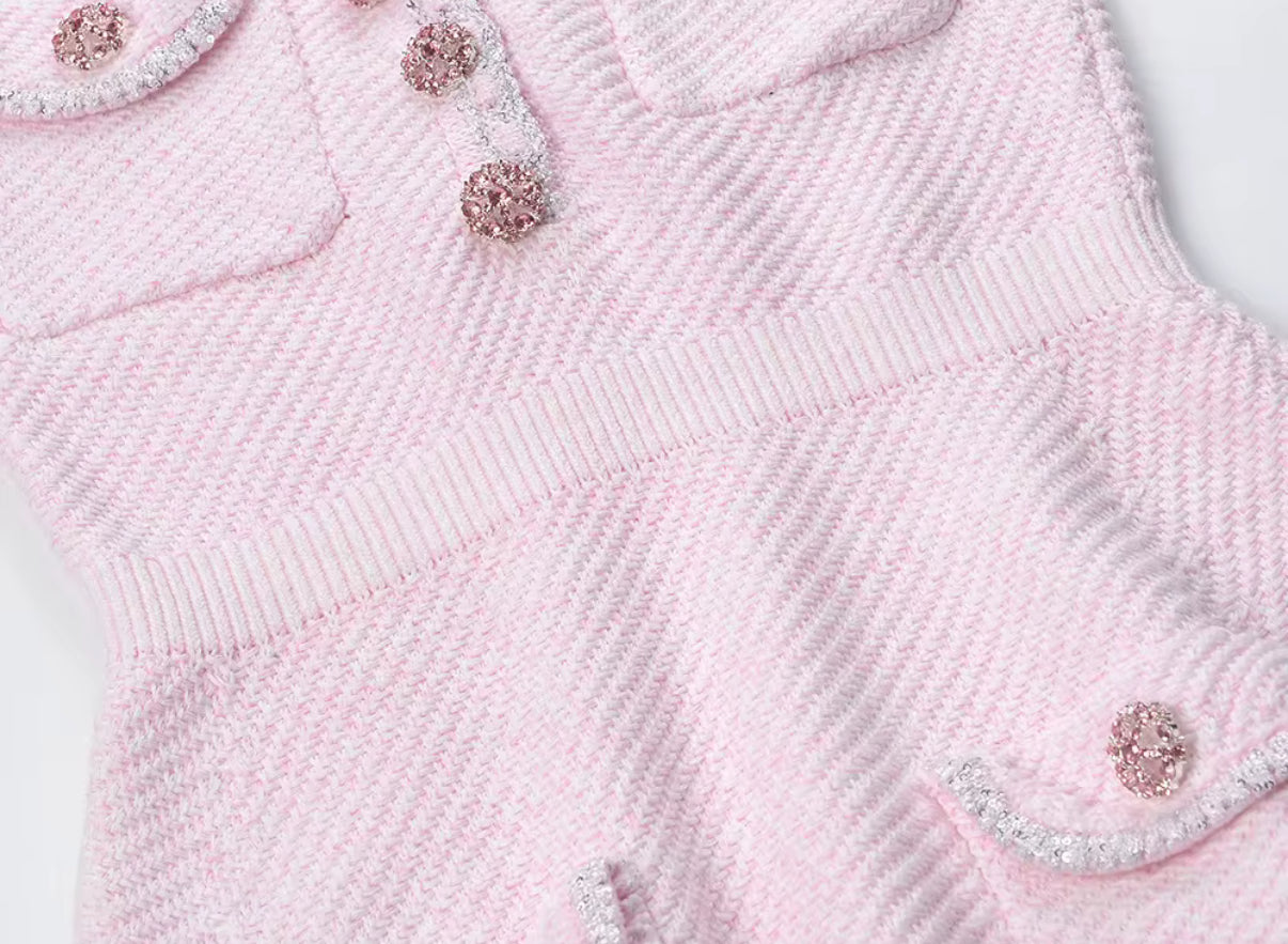 Neck Knit Mini Dress with Decorative Buttons and Short Sleeves