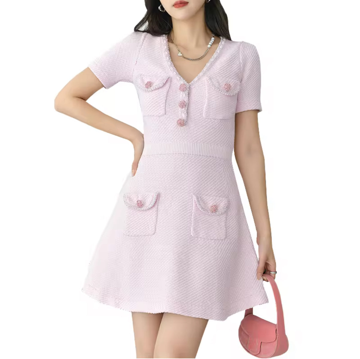 Neck Knit Mini Dress with Decorative Buttons and Short Sleeves