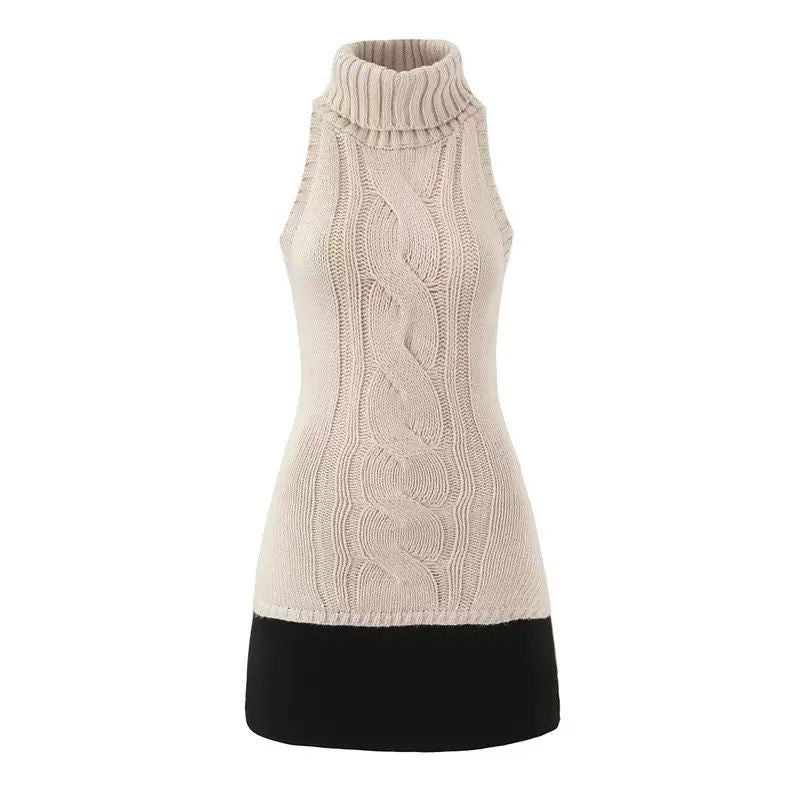 Cable Knit Sleeveless Mini Dress with Contrast Hem